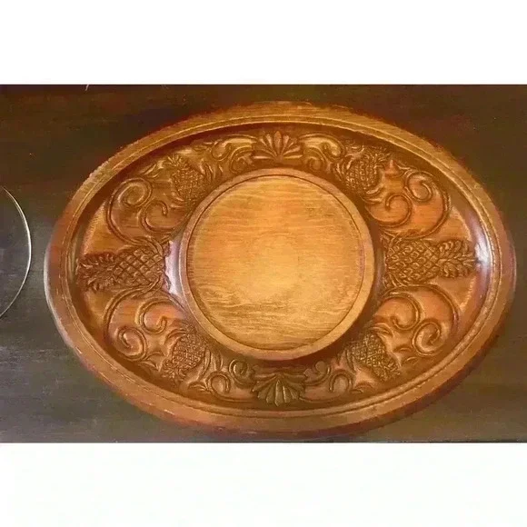 Carved Wood Serving Platter Plate Centerpiece Trivet Pineapple 12" x 16" Vintage - Picture 5 of 5